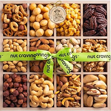 NUT CRAVINGS - Diwali Mixed Nuts Gift Basket in Reusable Wooden Tray + Green Ribbon (12 Assortments) Food Arrangement, Healthy Snack Care Package, Food Assortments
