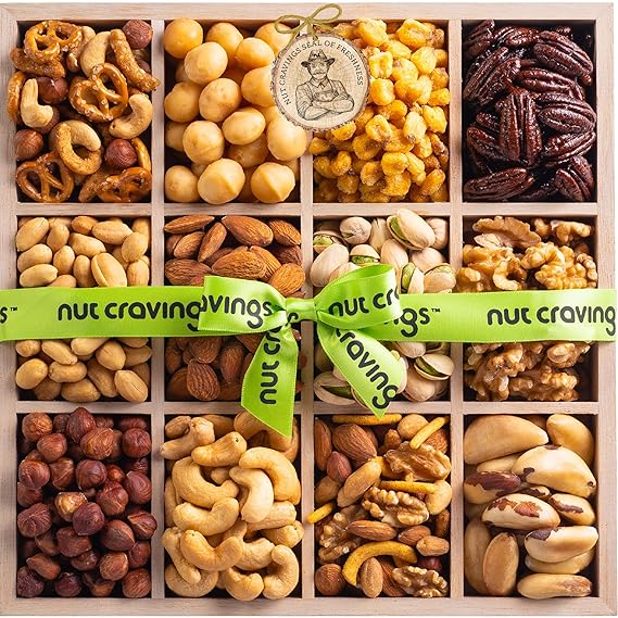 NUT CRAVINGS - Diwali Mixed Nuts Gift Basket in Reusable Wooden Tray + Green Ribbon (12 Assortments) Food Arrangement, Healthy Snack Care Package, Food Assortments
