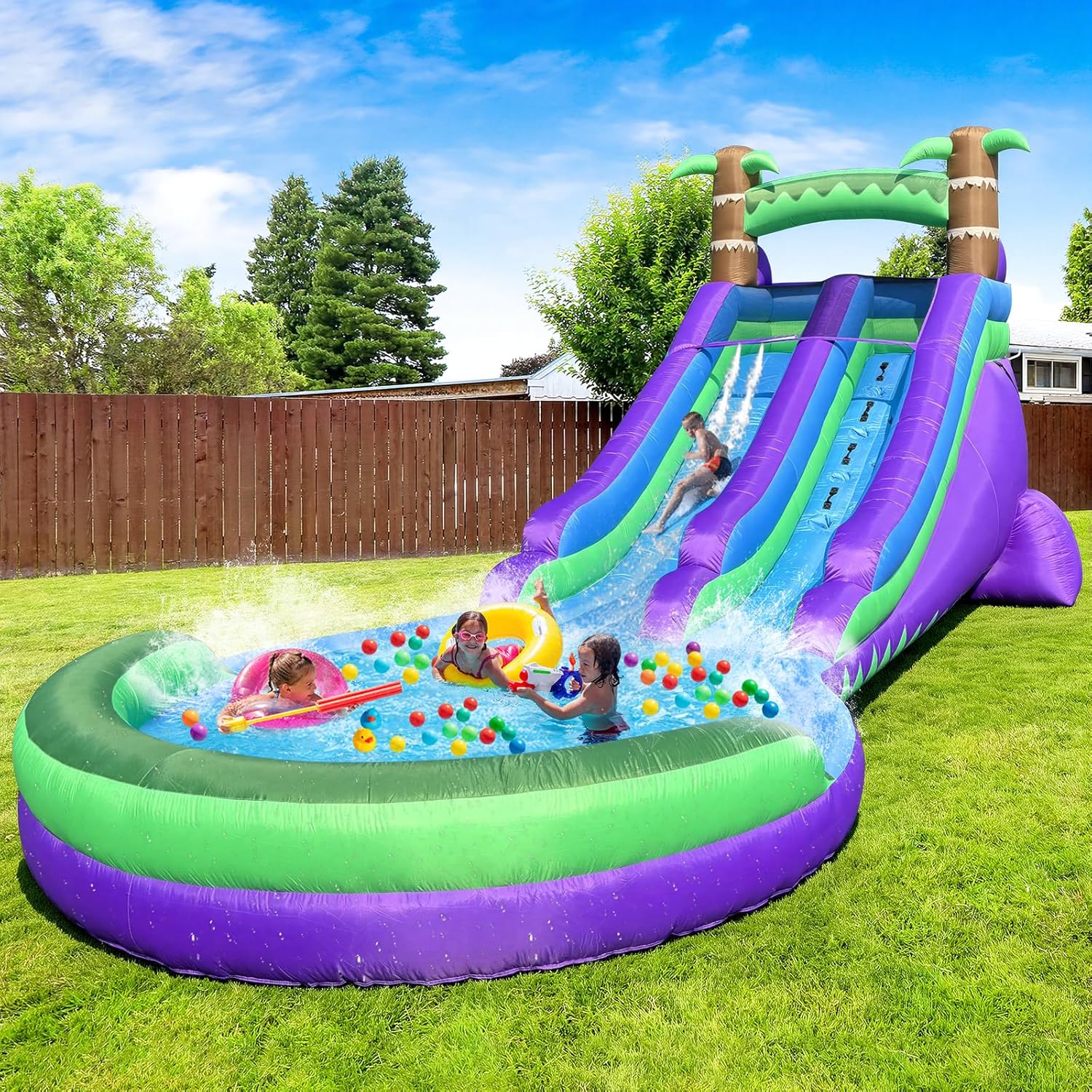 Grade Inflatable Water Slide for Kid Backyard Party, Large Swimming Pool Better Drainage and Durability, Wet Dry Use, Summer Splash Fun (Rain Forest)