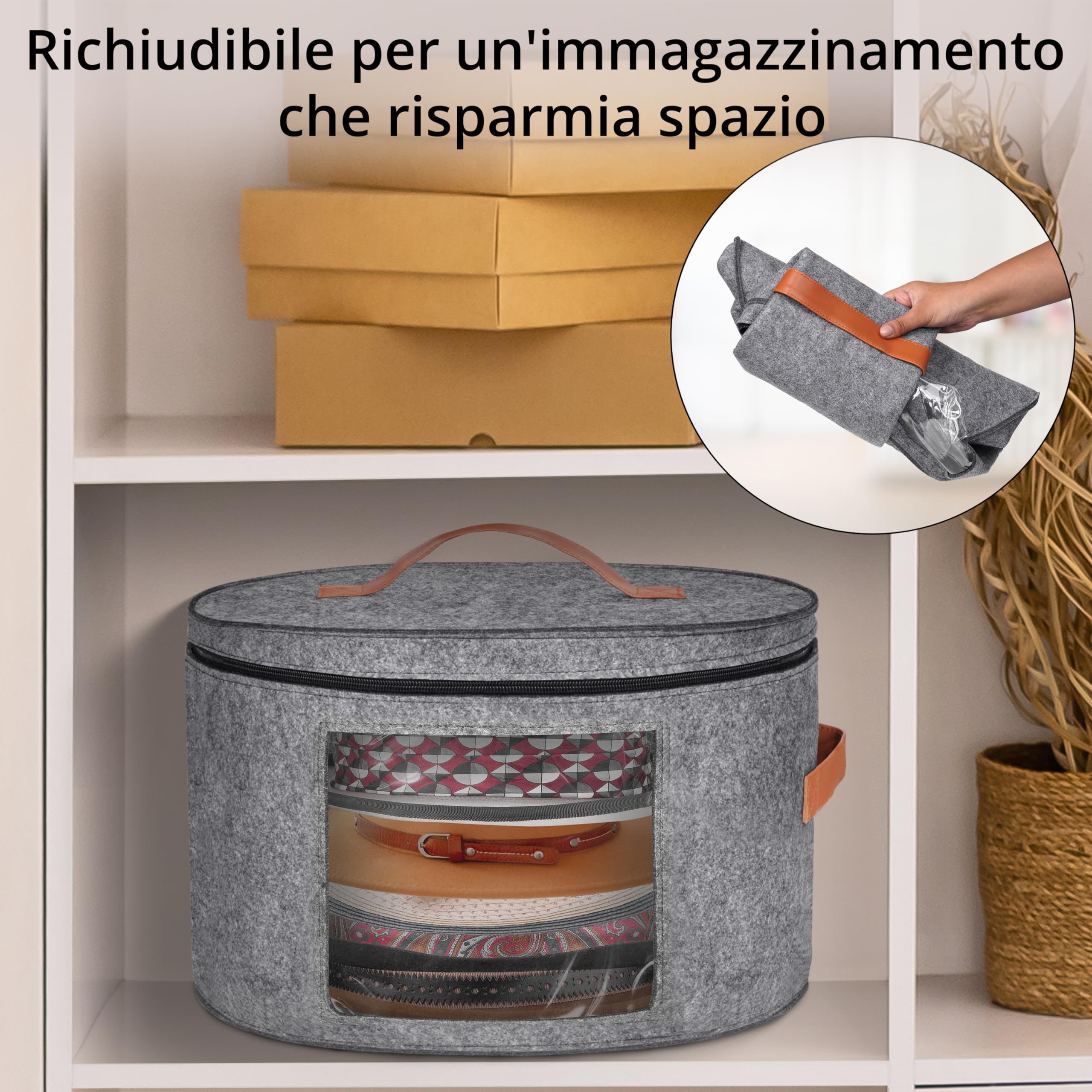 Winter Shore Scatola per Cappelli Rotonda Grigia - Cappelliera Pieghevole Grande con Cerniera, Finestra Trasparente e Manici in Pelle - Scatola in Feltro Antipolvere e Traspirante - 43 x 26cm