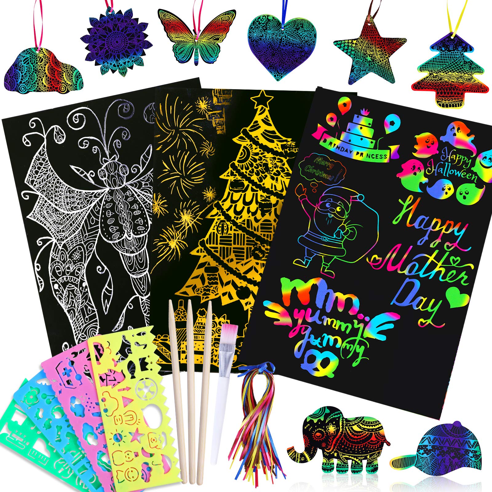 Max Fun 88pcs Scratch Art Set Rainbow Gold Silver Magic Scratch Off Art Paper for Kids Sketch Pad DIY Craft-picture-29