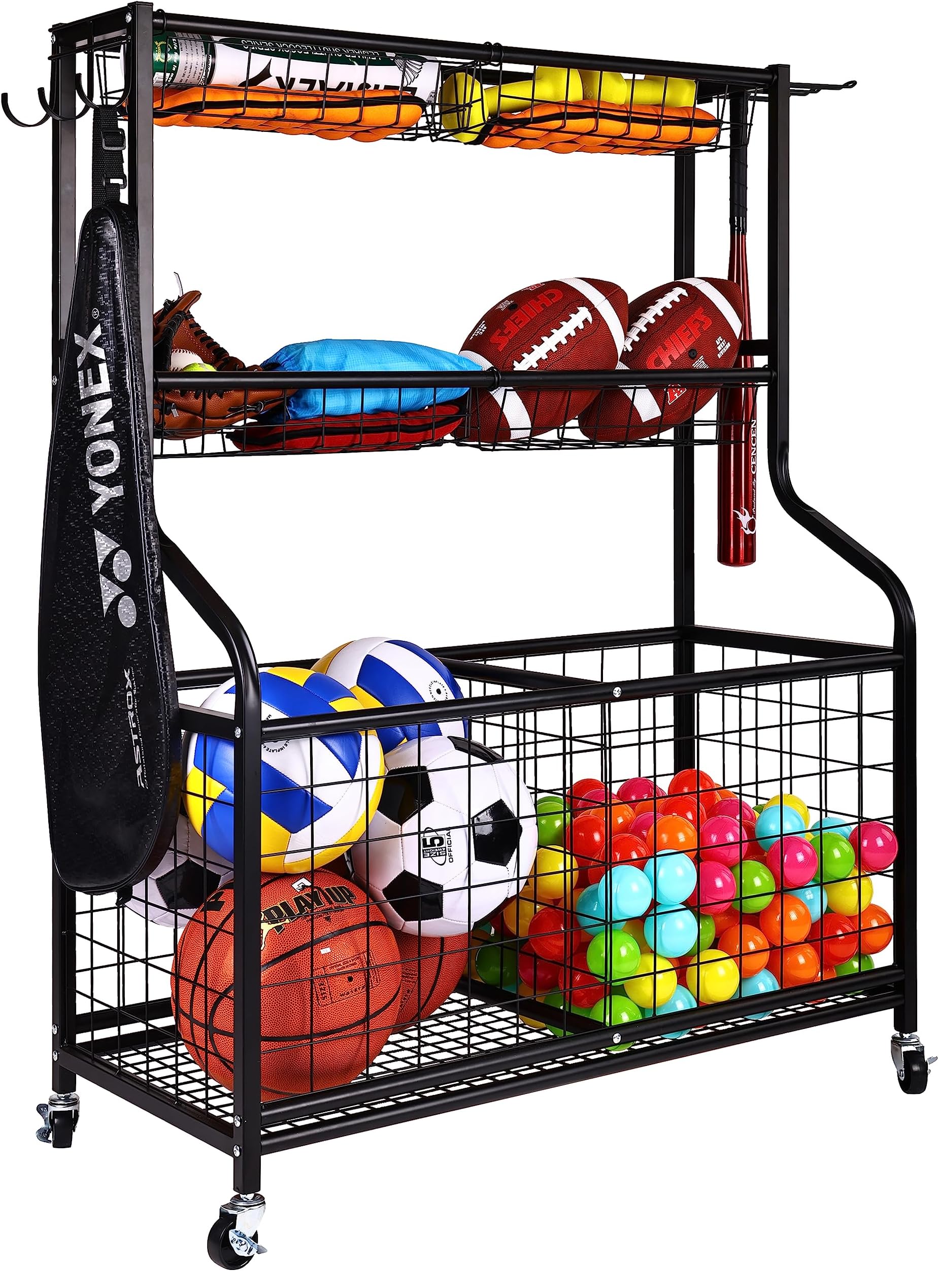 Fitvids Signature Fitness Garage Sports Equipment Organizer, 3-Tier with Large Base, Black, Steel, Sports Gear Storage, Garage Organizer with Baskets and Hooks, Rolling Sports Ball Storage Cart