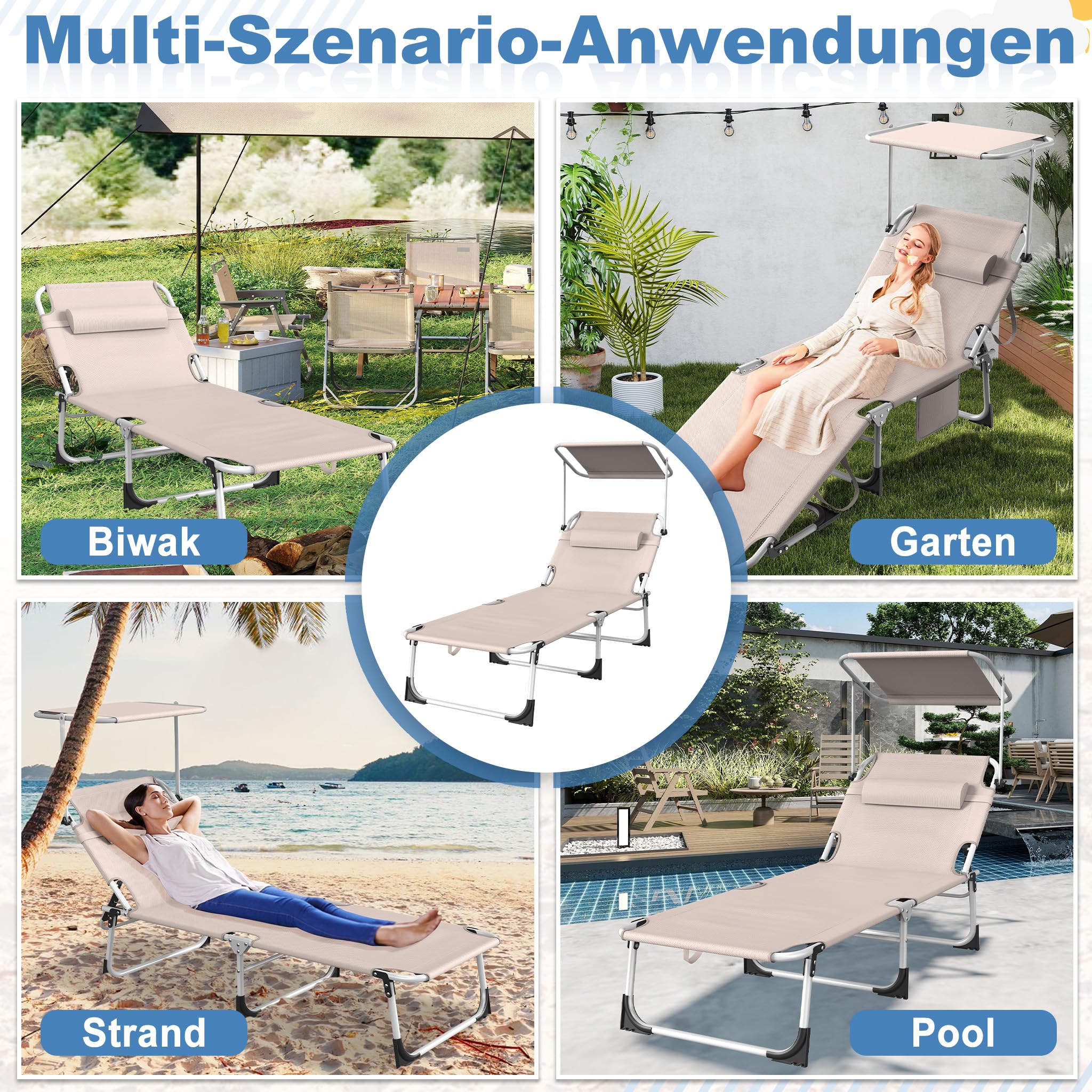 AufuN Sonnenliege Klappbar mit Dach und Seitentasche 195x68 cm Schwarz | Wetterfeste Gartenliege, stabile Strandliege, Sonnenschutz & verstellbare Rückenlehne, bis 100 kg, ideal für Terrasse Campin