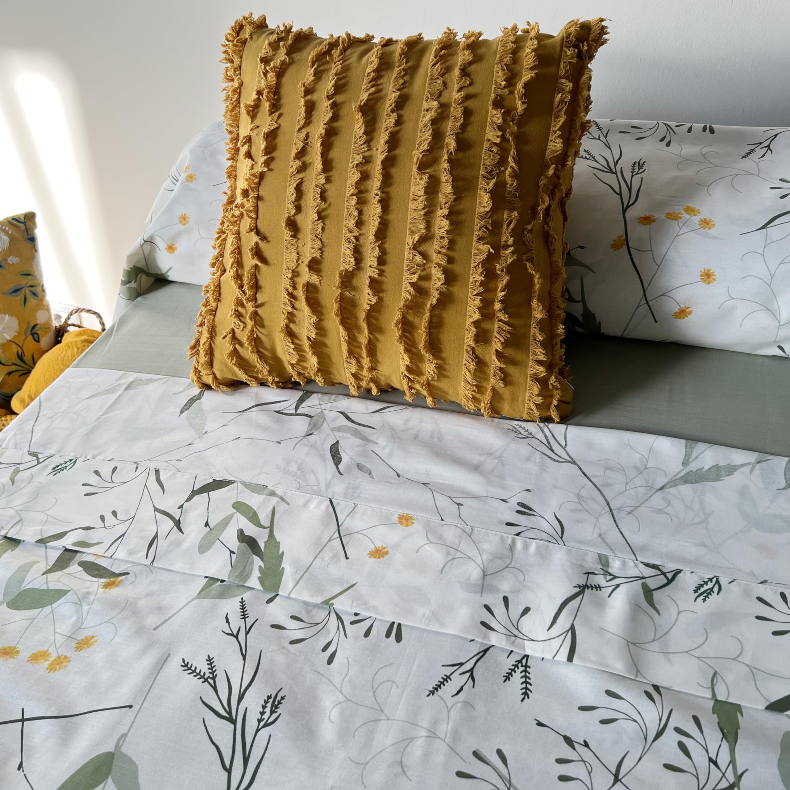 Juego de Sábanas 100% Algodón Orgánico – Estampado Natural de Hojas – 3 o 4 Piezas: Encimera, Bajera Ajustable y 1-2 Fundas de Almohada – Sábanas Transpirables y Suaves (150CM)