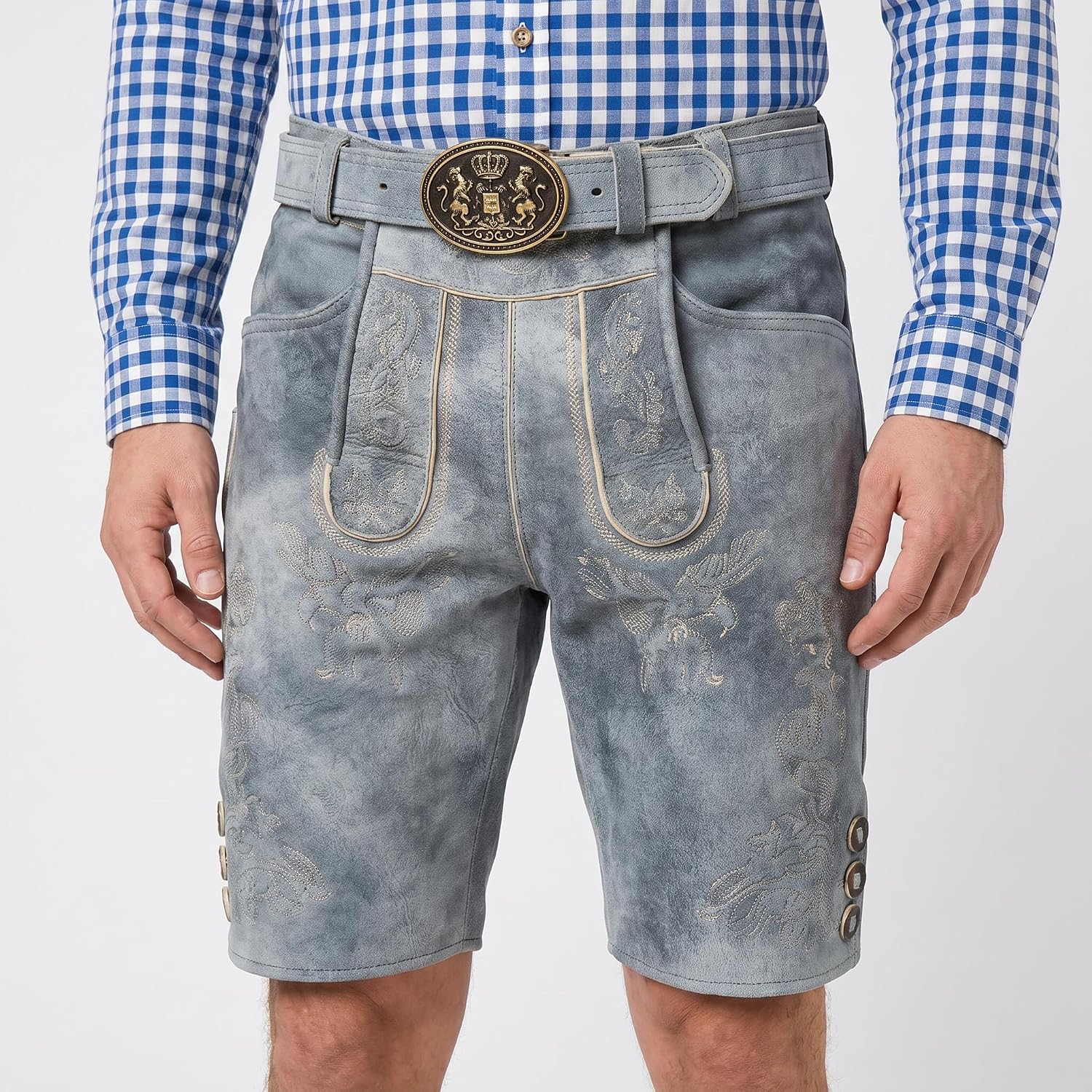 Men's Grey Lederhosen – Genuine Leather Bavarian Traditional Trachten Lederhosen Men For Oktoberfest Outfits 32 To 44