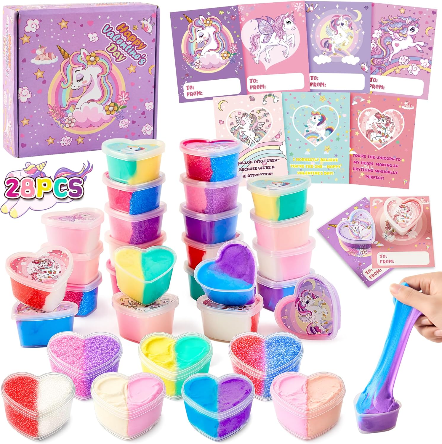 Funewest 28 Pack Valentines Day Gifts for Kids, Unicorn Slime with Greeting Cards, Classroom Exchange Party Favors for School Prize Rewards