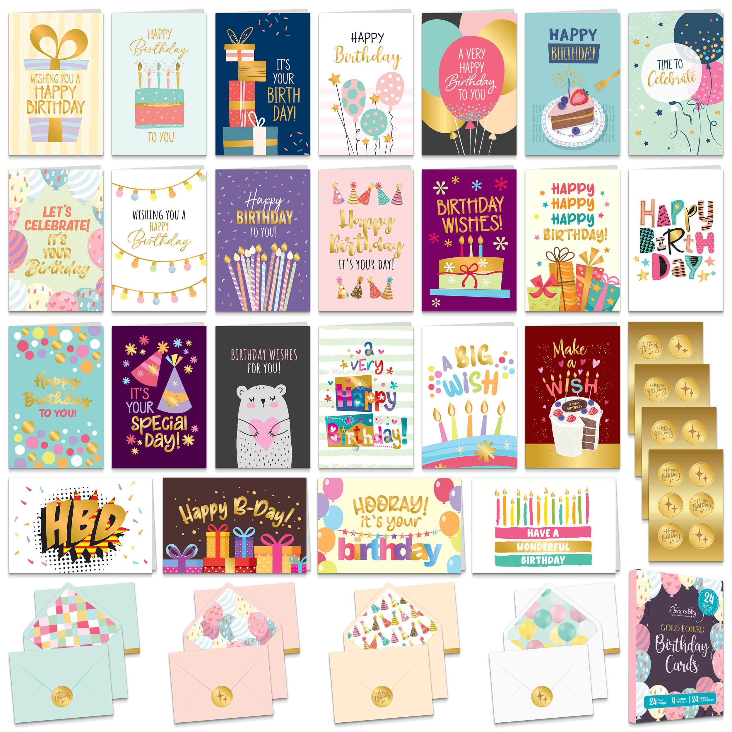 Decorably 24 Pack Gold Foiled 6x4in Happy Birthday Cards Variety Pack with Envelopes and Stickers, 24 Assorted Designs for Friends, Family and Loved