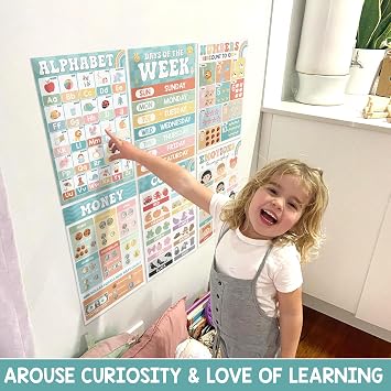 BEAWART 18 Laminated Educational Posters For Toddlers, Preschool Posters for Classroom, Kindergarten Wall Decor, PreK Learning Materials Alphabet Number Chart (16 Boho Groovy Educational Posters, 11x17 inches)