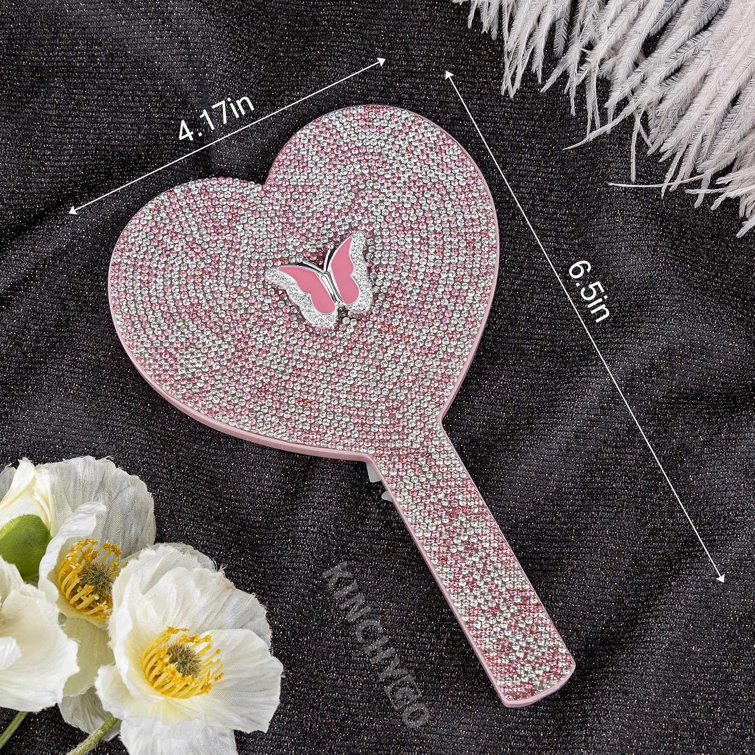 Pink Heart Rhinestone Handheld Mirror with Butterfly Decoration