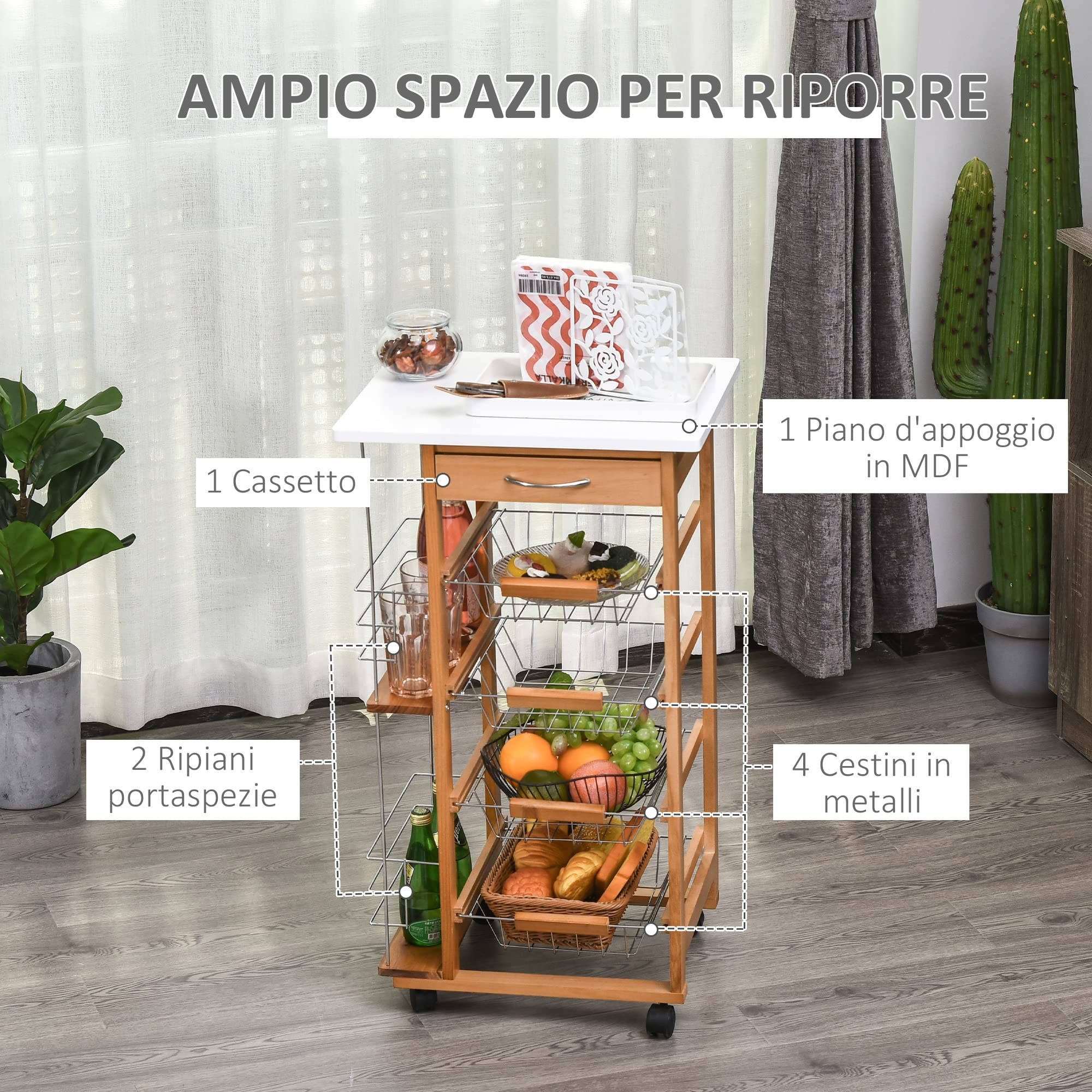 HOMCOM Carrello da Cucina Salvaspazio in Legno Marrone, Portavivande con 1 Piano di Lavoro 1 Cassetto e 4 Cestelli Metallici, 47x37x83cm