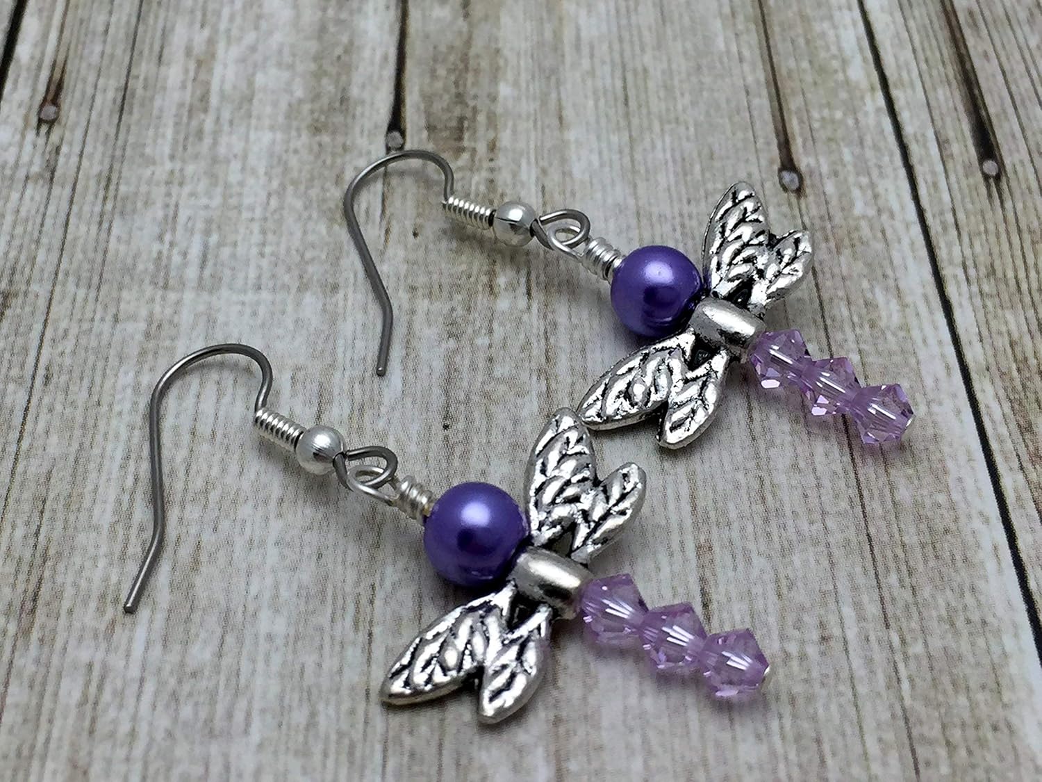Purple Dragonfly Dangle Earrings for Women, Handmade Beaded Earring