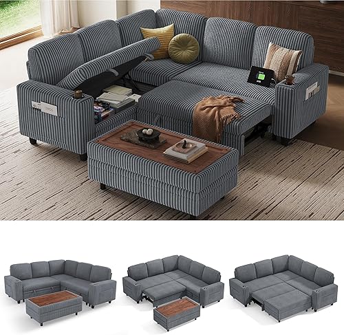 Miniatura 23 de LINSY HOME - Sofá cama extraíble modular con sección para dormir, con almacenamiento, sofá seccional de pana mullida para sala de estar, sofá cama