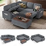 Sectional Sleeper Sofa with Pull Out Couch Bed for Living Room (Grey) | Plush Corduroy, Storage Ottoman, Storage Chaise, Pull Out Couch, USB Charging