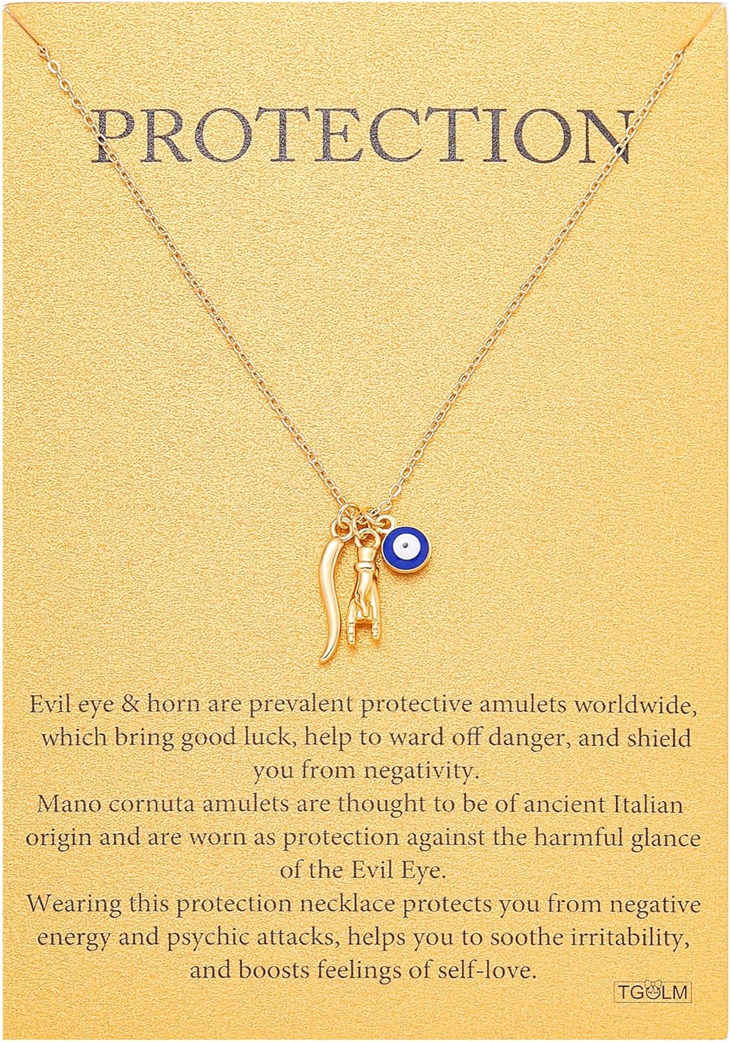 Dainty Blue Evil Eye Charm Horn Pendant Necklace for Women's Spiritual Protection Jewelry 14K Gold Plated