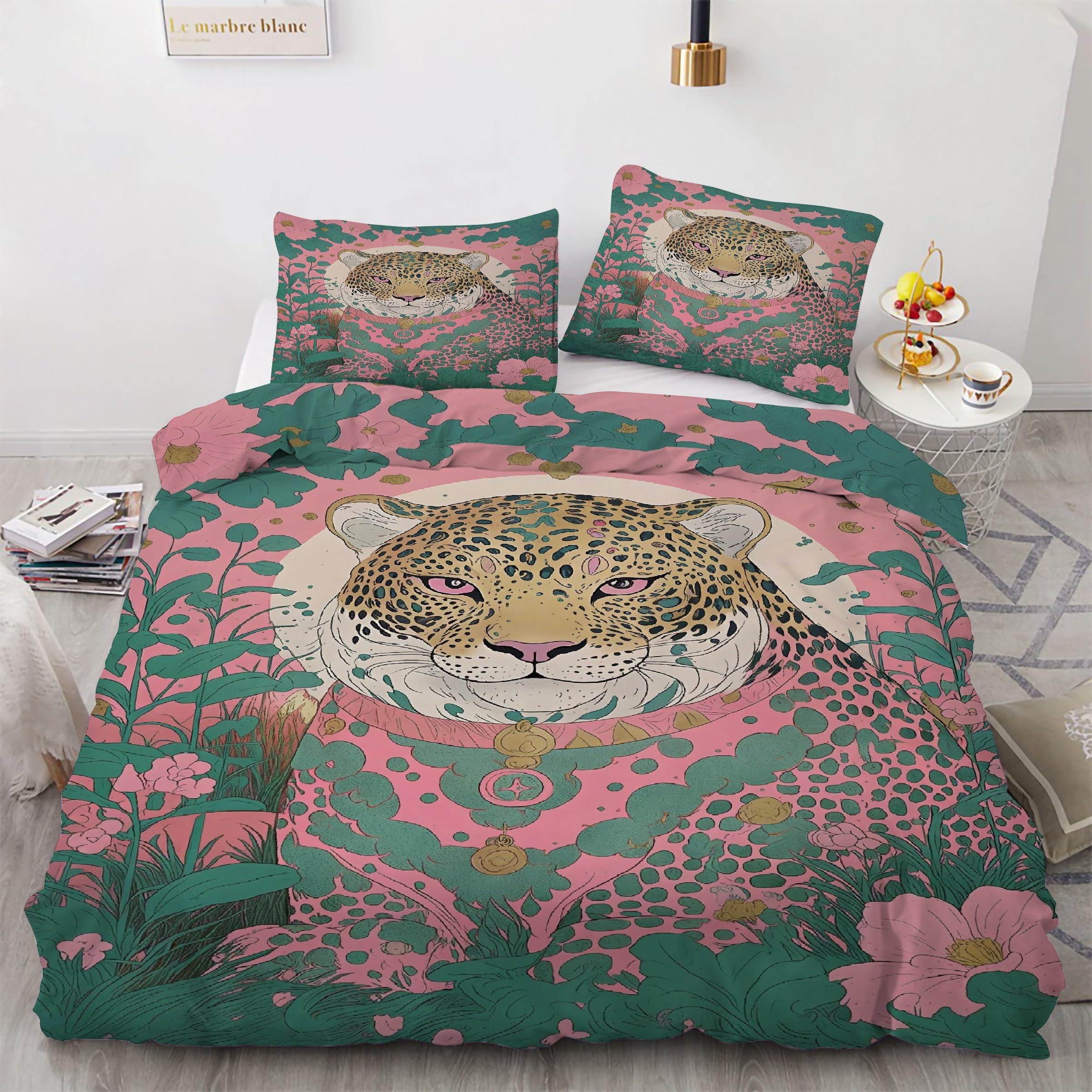 Housse de couette 240 x 260 léopard et 2 taies en microfibre douce avec fermeture éclair