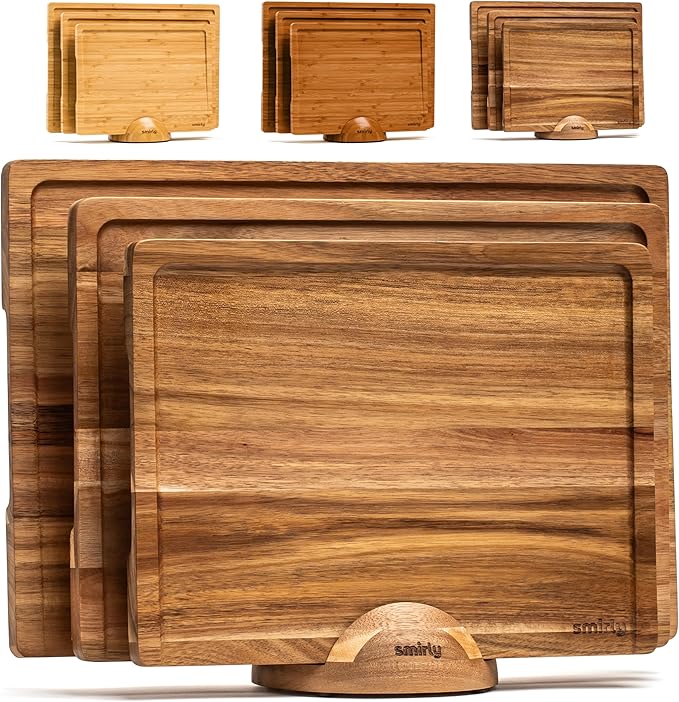 SMIRLY Wood Cutting Board, Bamboo Cutting Board Set, Chopping Board and Wooden Cutting Boards for Kitchen, Small Wood Cutting Board and butcher block (Acacia Wood, 3 Pack + Holder)