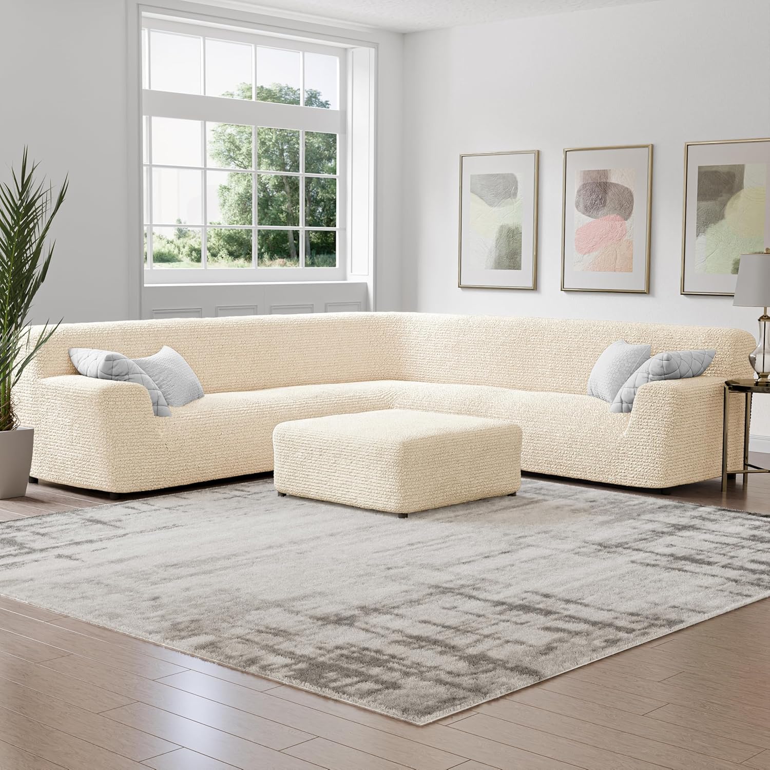 PAULATO BY GA.I.CO. Stretch Corner Sectional Couch Covers – Corner Sofa Cover – Elastic L Shape Sofa Slipcover - Sectional Slipсovers - Washable Furniture Protector - Cream (198”-240” Wide)