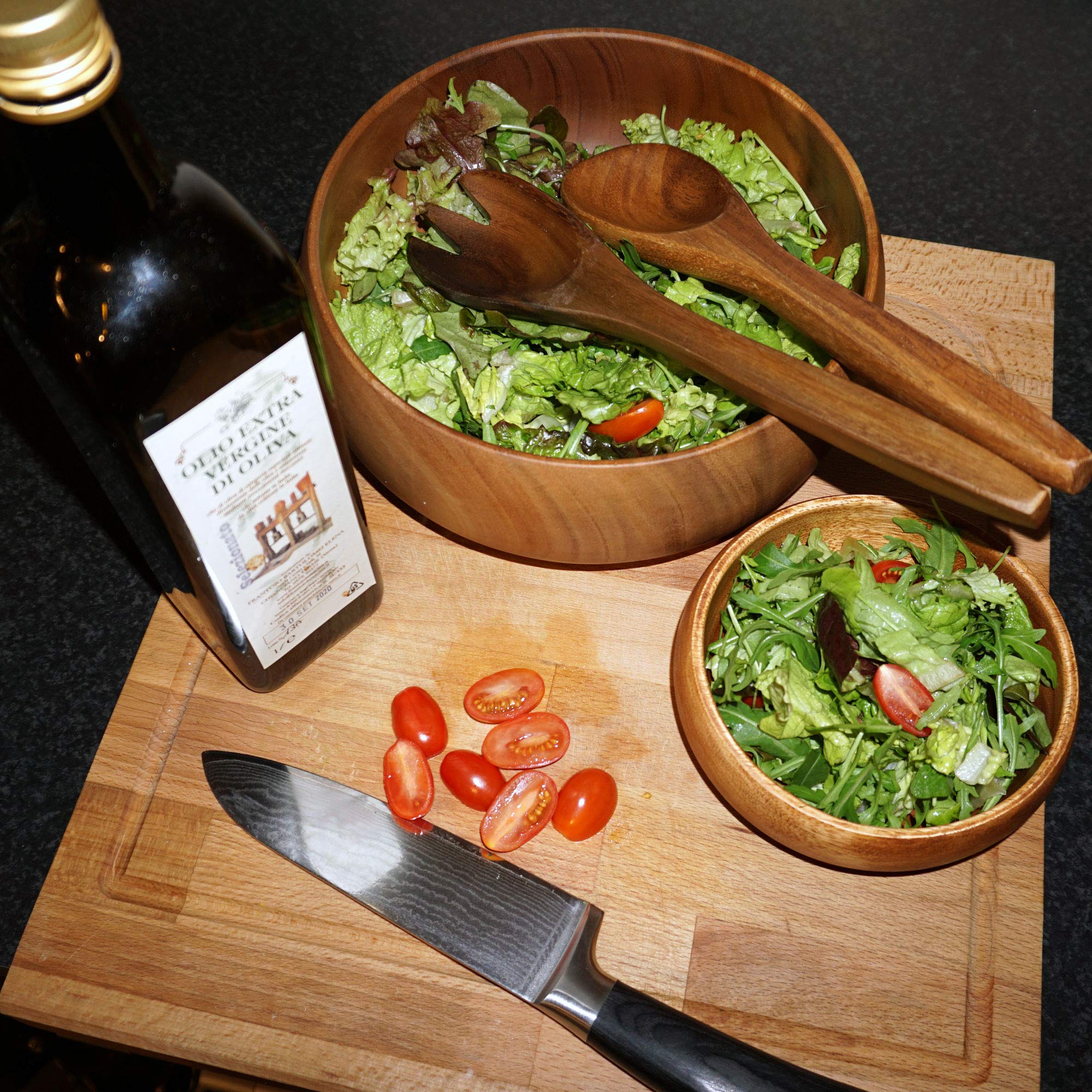 Cucchiaio e forchetta in legno a righe intagliati a mano, vintage, con manico incrinato, utensili per servire insalate salutari / Kitchenalia vegetariano naturale fatto a mano - Italia