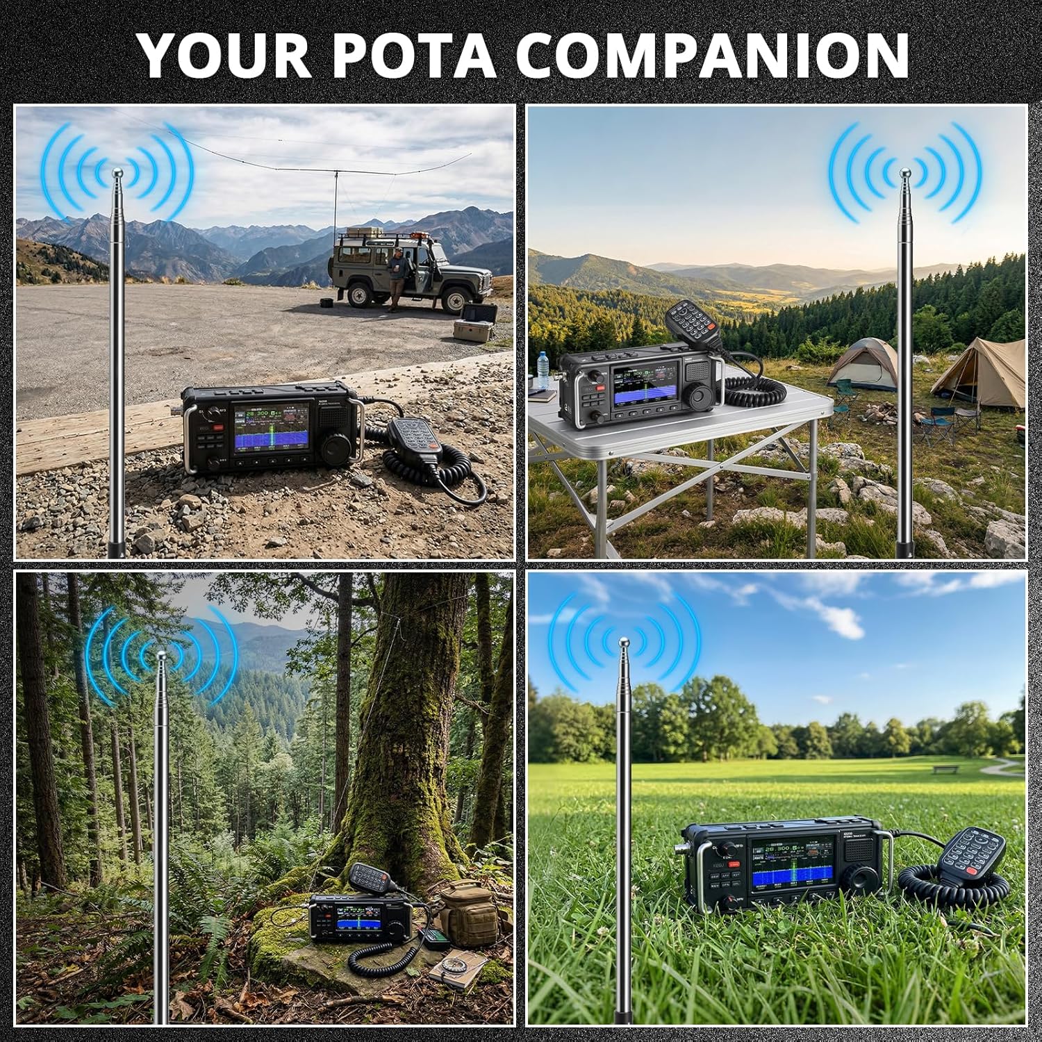 Radioddity HF-010 Portable HF Antenna, 10-Band 80m-6m Multiband Vertical Shortwave Antenna for Ham Radio & HF Transceivers, Upgraded 304 Stainless Steel Connector with Tripod & Ground Spike for POTA