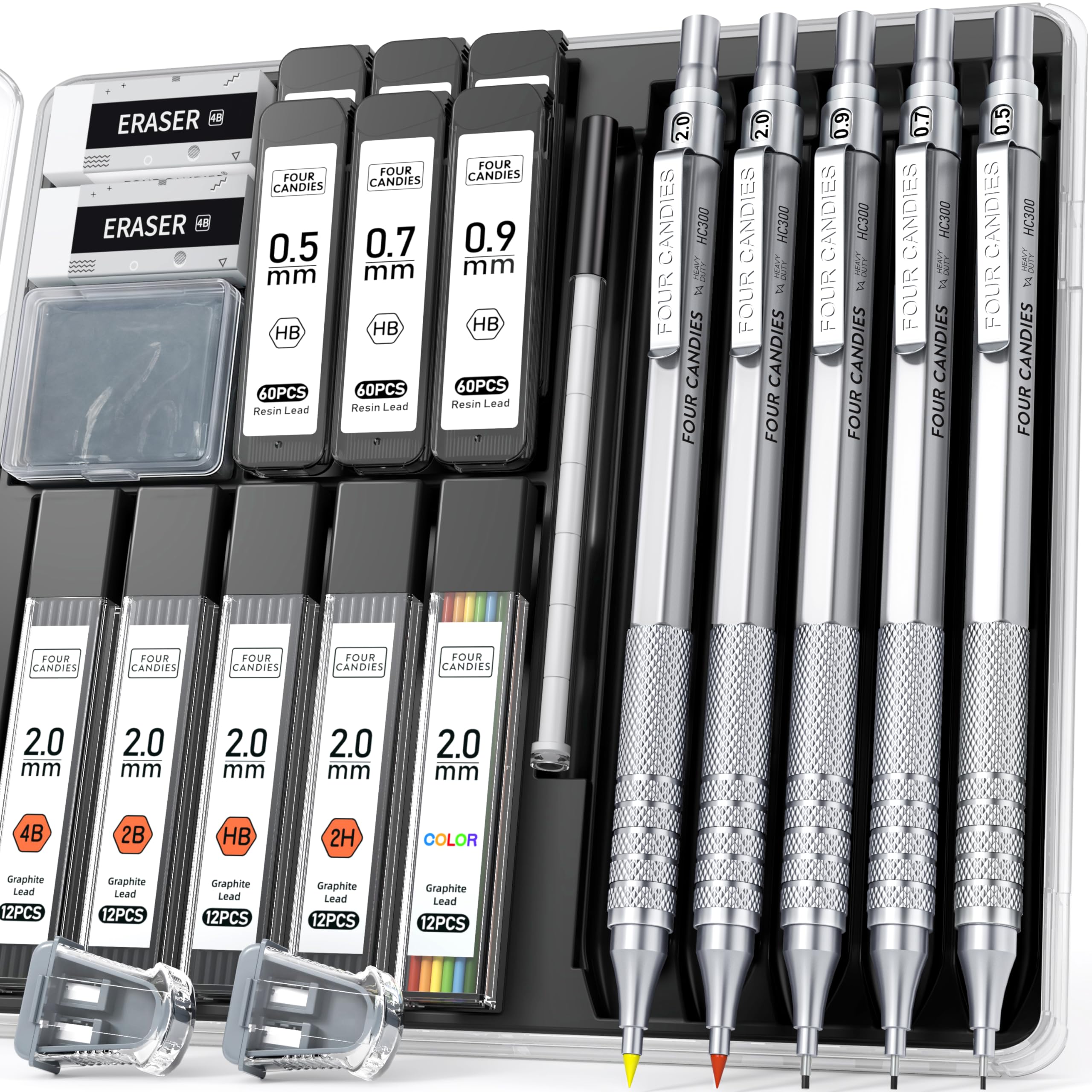 Four Candies Lot de 3 porte-mines en métal de 0,5, 0,7, 0,9 mm et 2 crayons à dessin mécaniques de 2 mm avec 420 mines (4B 2B HB 2H couleur) pour écrire, croquis, dessin (argent)