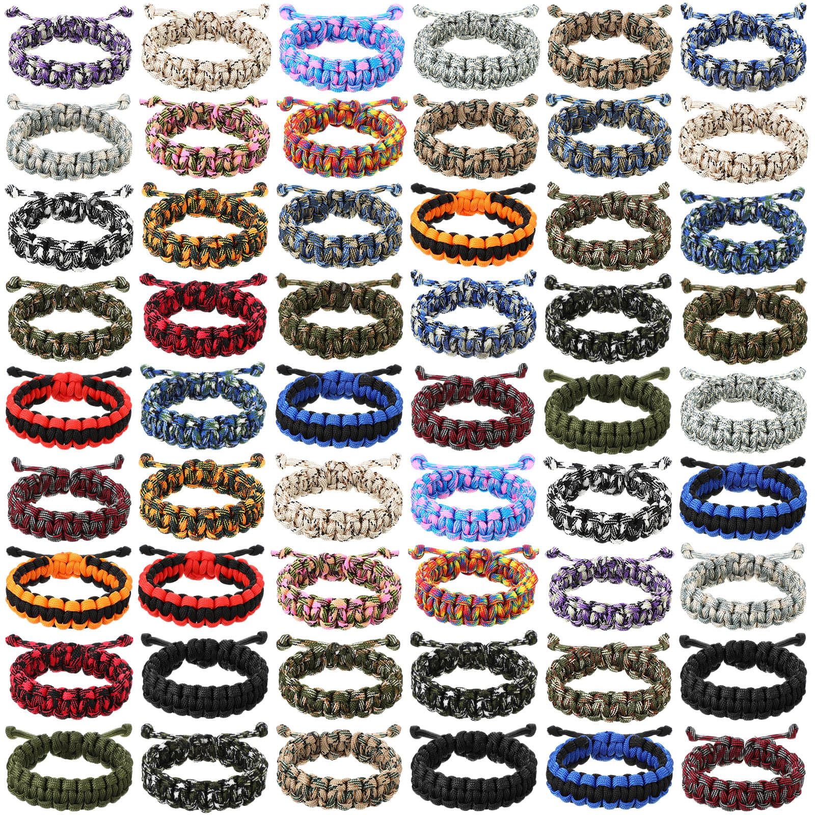 Remuuly 100 Pcs Survival Paracord Bracelet Adjustable Friendship Braided Bracelets Camo Paracord Bracelet Army Party Favors Parachute Cord for Men Boys Kids Outdoor Camping Climbing Gift