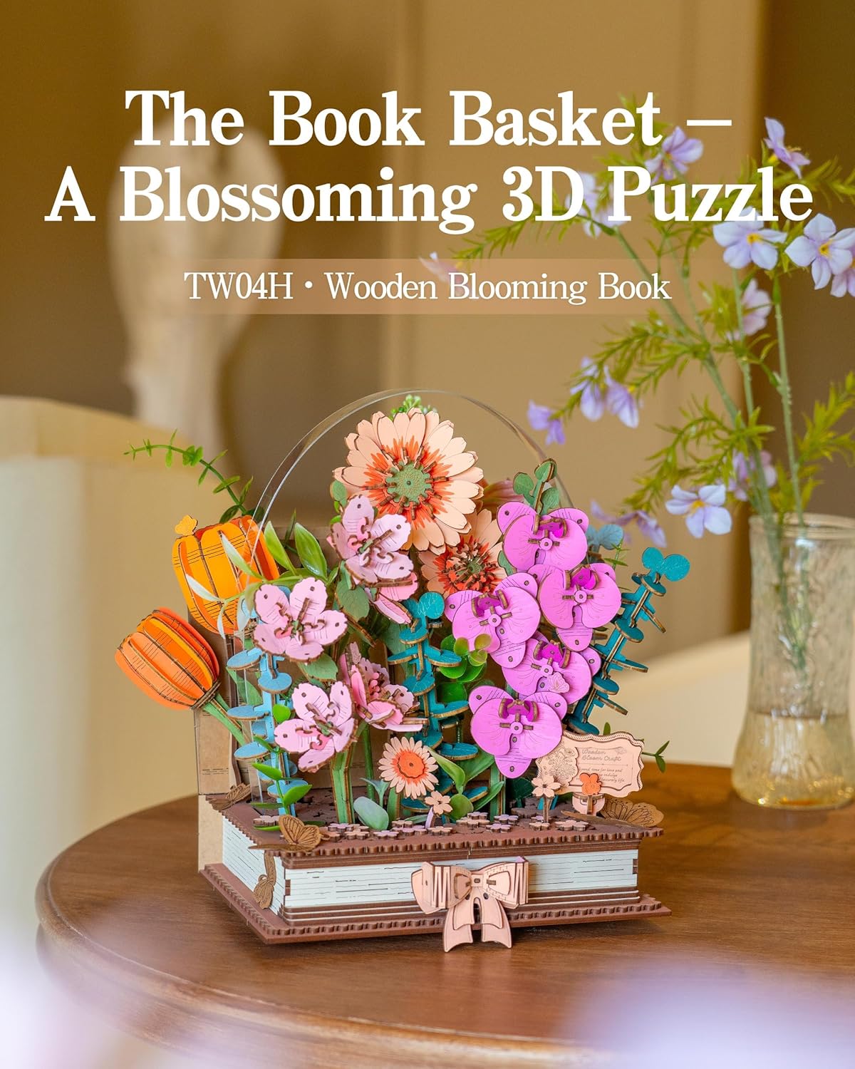ROBOTIME 3D Wooden Blooming Book Garden DIY Kit, Flowers Building Set, Adult Creative Craft & Home Decor Puzzle, Unique Gift for Women, Mom, Plant/Book Lovers