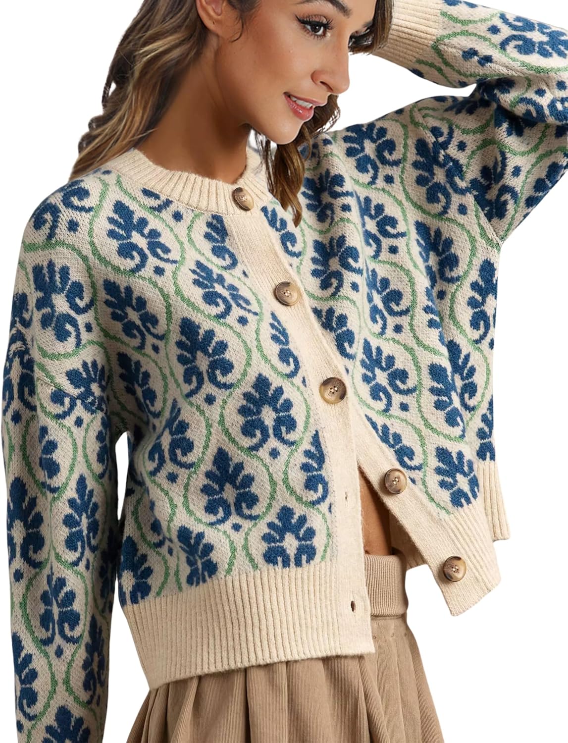 Women Floral Cardigan Sweater Open Front Long Sleeve Button Down Knit Sweater Vintage Outerwear - Image 5