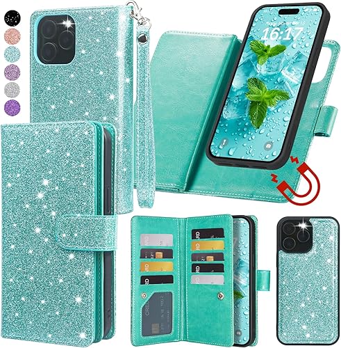 Varikke Funda tipo cartera compatible con iPhone 15 Pro, funda magnética desmontable con soporte para tarjetas, soporte, correa de muñeca de piel