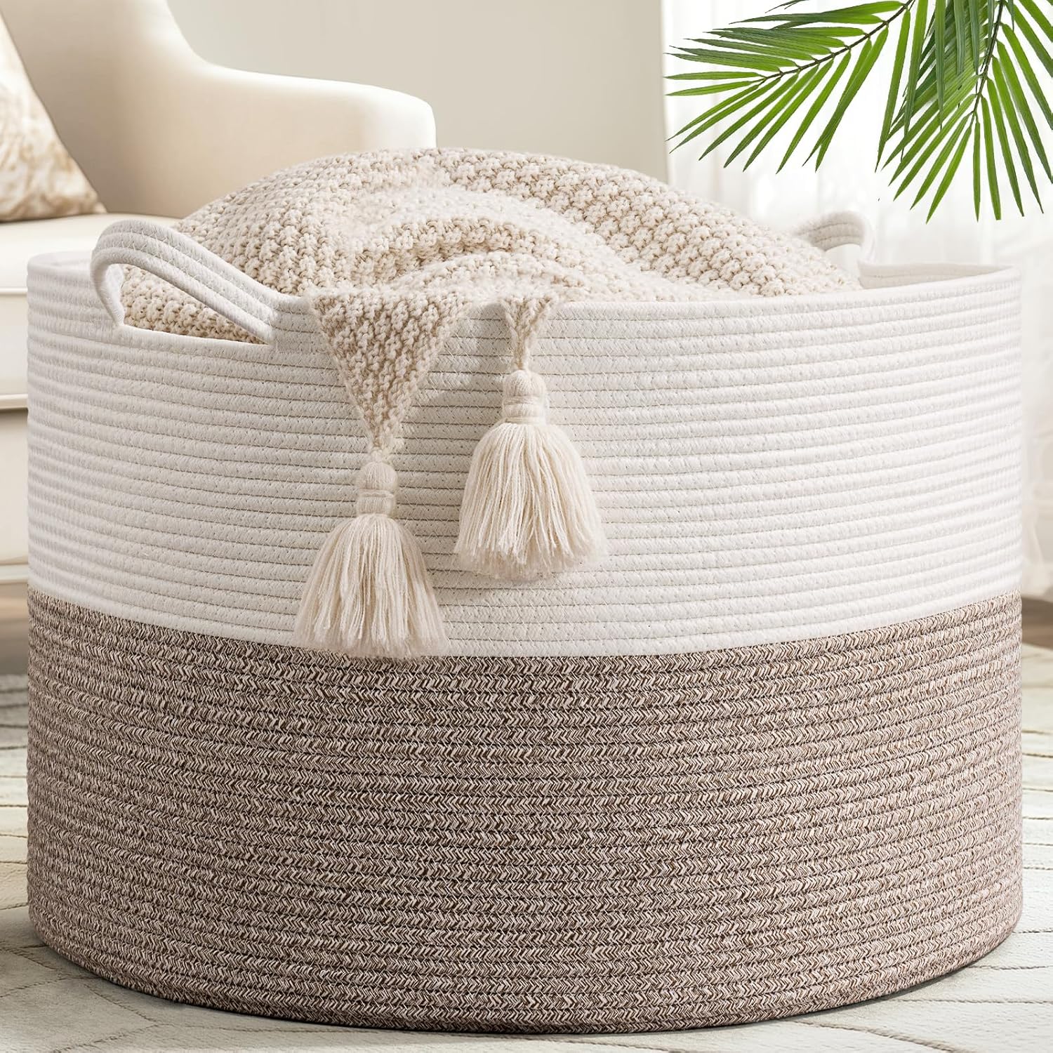 Goodpick 115L Extra Large Blanket Basket, 23.5"x23.5"x15.8" Woven Rope Basket for Storage, Kids Toy Storage for Nusery Room, Mele Mele 23.5x23.5x15.8 Inch (Pack of 1)