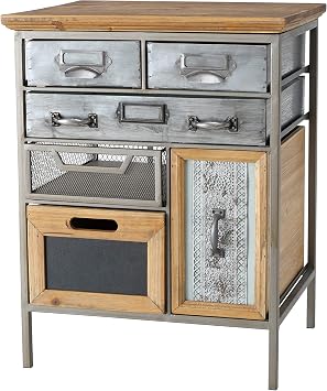 WHW Whole House Worlds Industrial Chic Multi Drawer Nightstand, 3 Drawers and 3 Utility Bins, Reclaimed Vintage Style, Iron, Screening, Galvanized Metal, Wood, 21.75 Inches Tall 55 cm