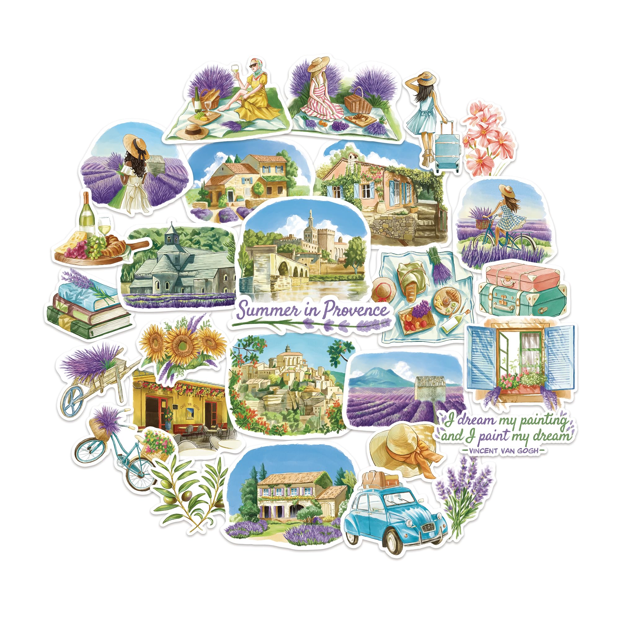 Navy Peony Summer in Provence Travel Stickers (28pcs) - Watercolor, France Lavender-Themed Vacation Decals for Scrapbooks, Water Bottle, Luggage