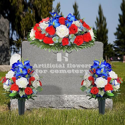 Miniatura 6 de HENOMO Cemetery Flower for Grave Decoration - Headstone Flower Saddle with Artificial Red Rose and Blue Cattleya Hybrida, Easy Fit