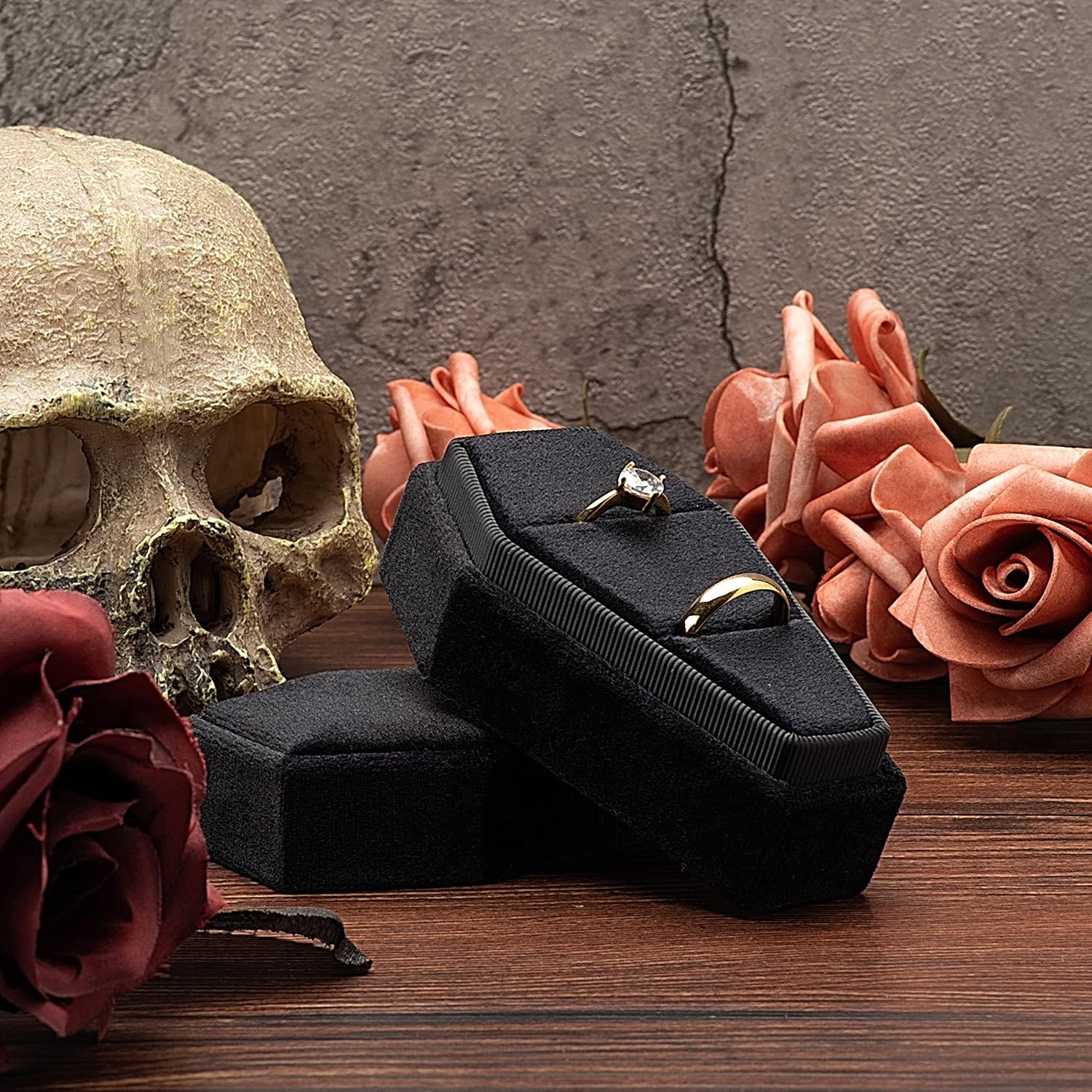 Velvet Coffin Ring Box Case Holder for Gothic Wedding Ceremony Jewelry Organizer Decorations (Black)