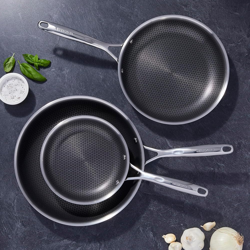 HENCKELS Paradigm 5-pc Cookware Set, Nonstick Frying Pan and Silicone Utensil Set, 3-Ply Stainless Steel Skillets for Induction Cooktop, Gas & Electric Stovetops – Dishwasher Safe & Oven Safe