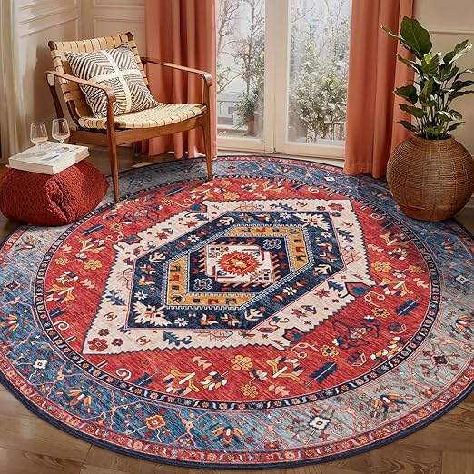 SERISSA Boho Round Area Rug, 6ft Washable Non-Slip Circle Rug, Ultra Soft Oriental Vintage Rust Low-Pile Circular Carpet for Bedroom Entryway Kids Room Office College Dorm Living Room