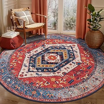SERISSA Boho Round Area Rug, 6ft Washable Non-Slip Circle Rug, Ultra Soft Oriental Vintage Rust Low-Pile Circular Carpet for Bedroom Entryway Kids Room Office College Dorm Living Room