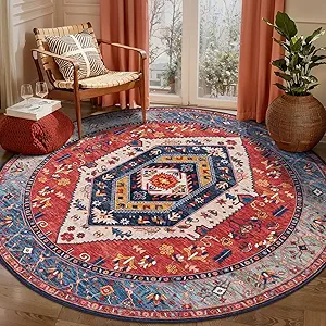 SERISSA Boho Round Area Rug, 6ft Washable Non-Slip Circle Rug, Ultra Soft Oriental Vintage Rust Low-Pile Circular Carpet for Bedroom Entryway Kids Room Office College Dorm Living Room