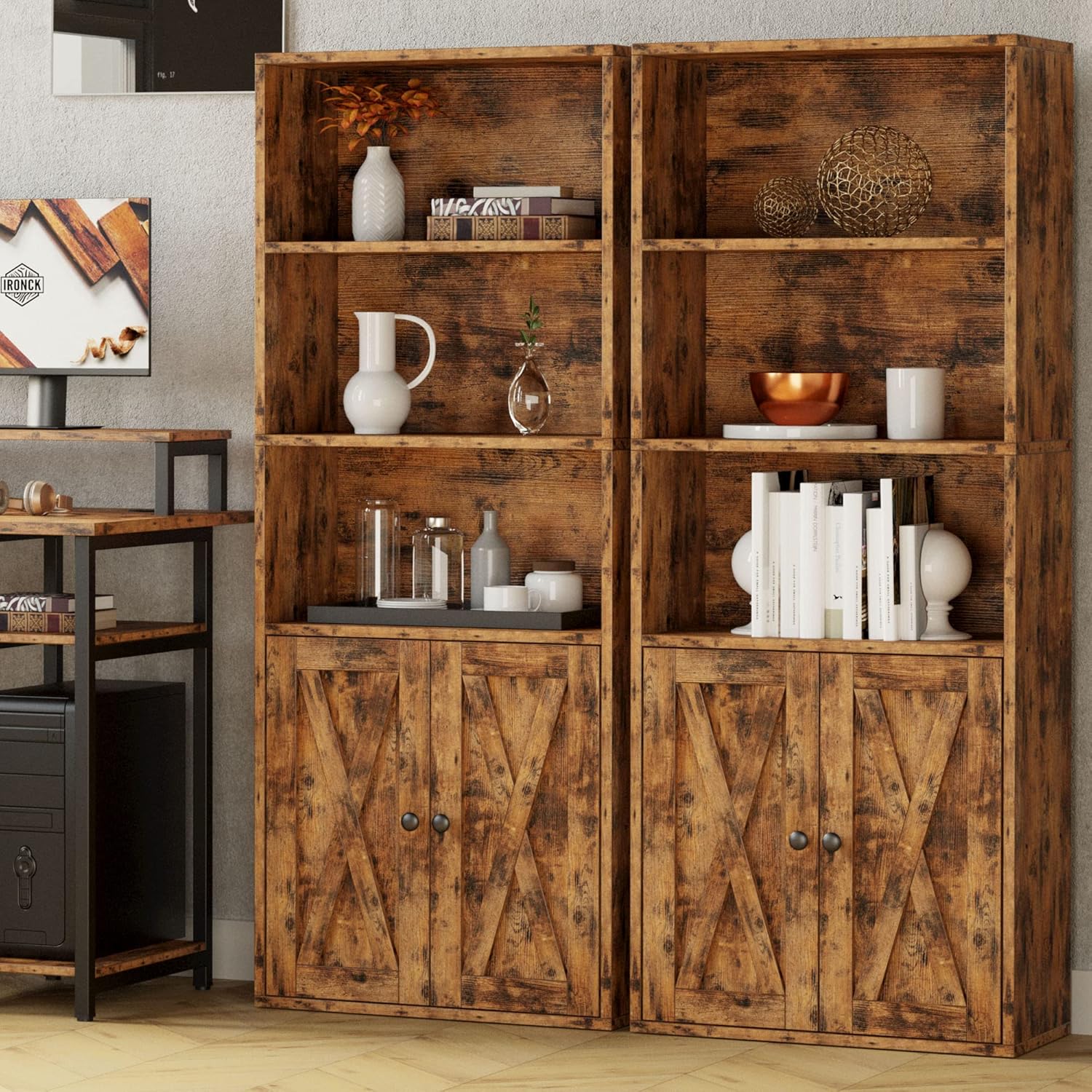 Vintage Brown 5-Shelf Bookcase with Doors and Rustic Finish