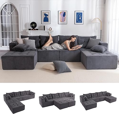 MAXYOYO Sofá modular, moderno en forma de U con 2 otomanas, sofá en una caja, silla copetuda de 6 asientos sin hueso para sala de estar, no requiere