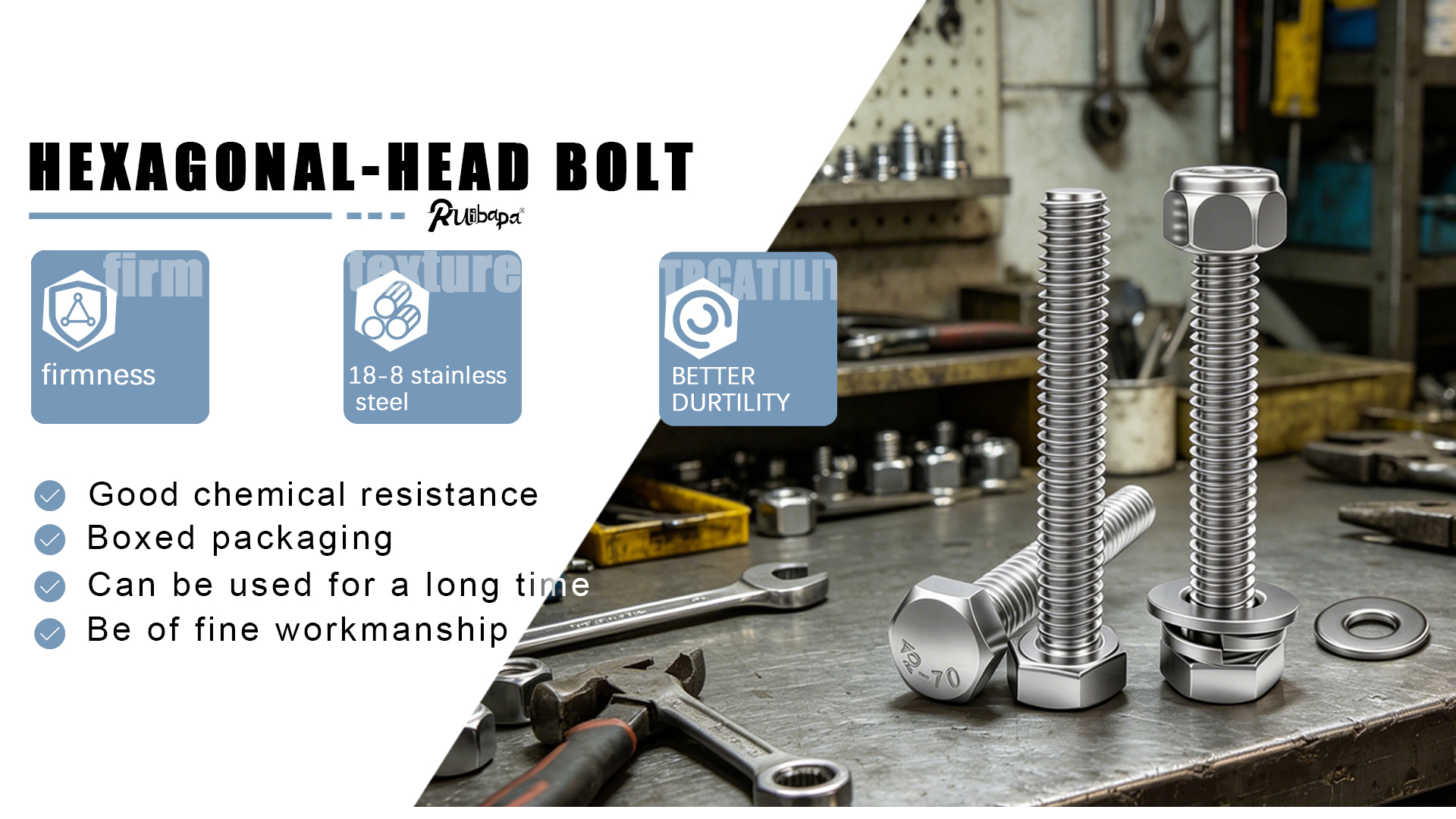 Image of 10 Sets 5 /16-18x2 inch Stainless Steel Hex Head Screws Bolts, Nuts, Flat & Lock Washers,18-8(304) Full Thread