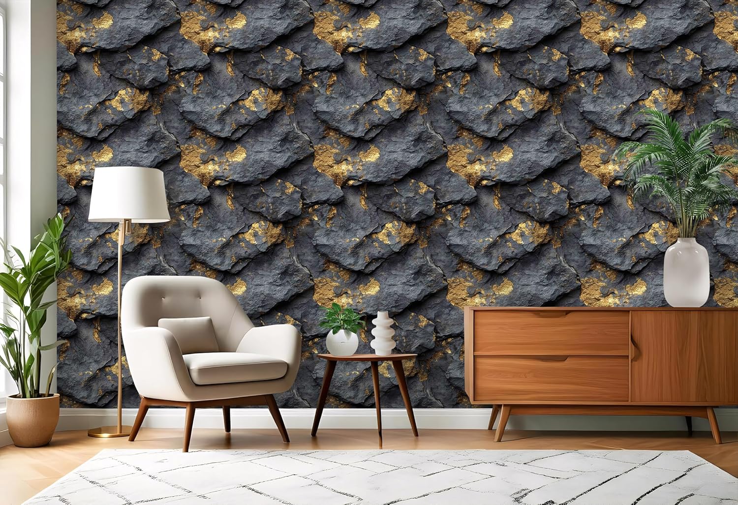 Black and Gold Rock Peel and Stick Wallpaper, Modern Stone Self-Adhesive Vinyl Wallpaper for Home Decor – 17.7" x 118"