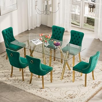 Baysitone 71" Glass Dining Table Set for 6, Modern Rectangular Dining Table with Glass Tabletop&Metal Legs,Upholstered Velvet Dining Chairs with Button Tufted Back & Stainless Steel LegsGreen&Gold