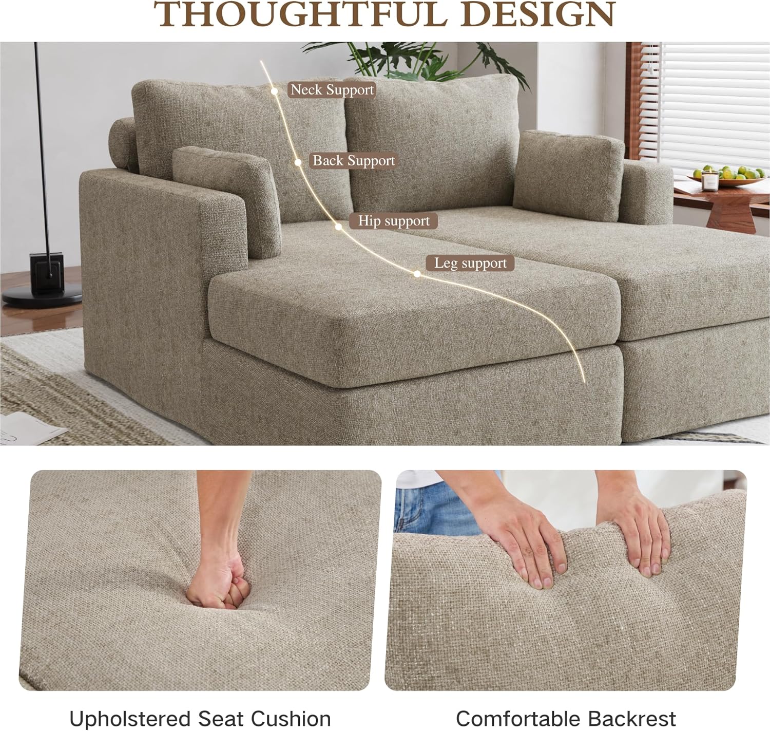 Chifee & Vingol 63.39" Oversized Double Lounge Chaise Combination Cloud Plush Sofa Bed with Cushions & Pillows Upholstered Sleeper Loveseat Sofa for Living Room Bedroom Reading Nook,Taupe