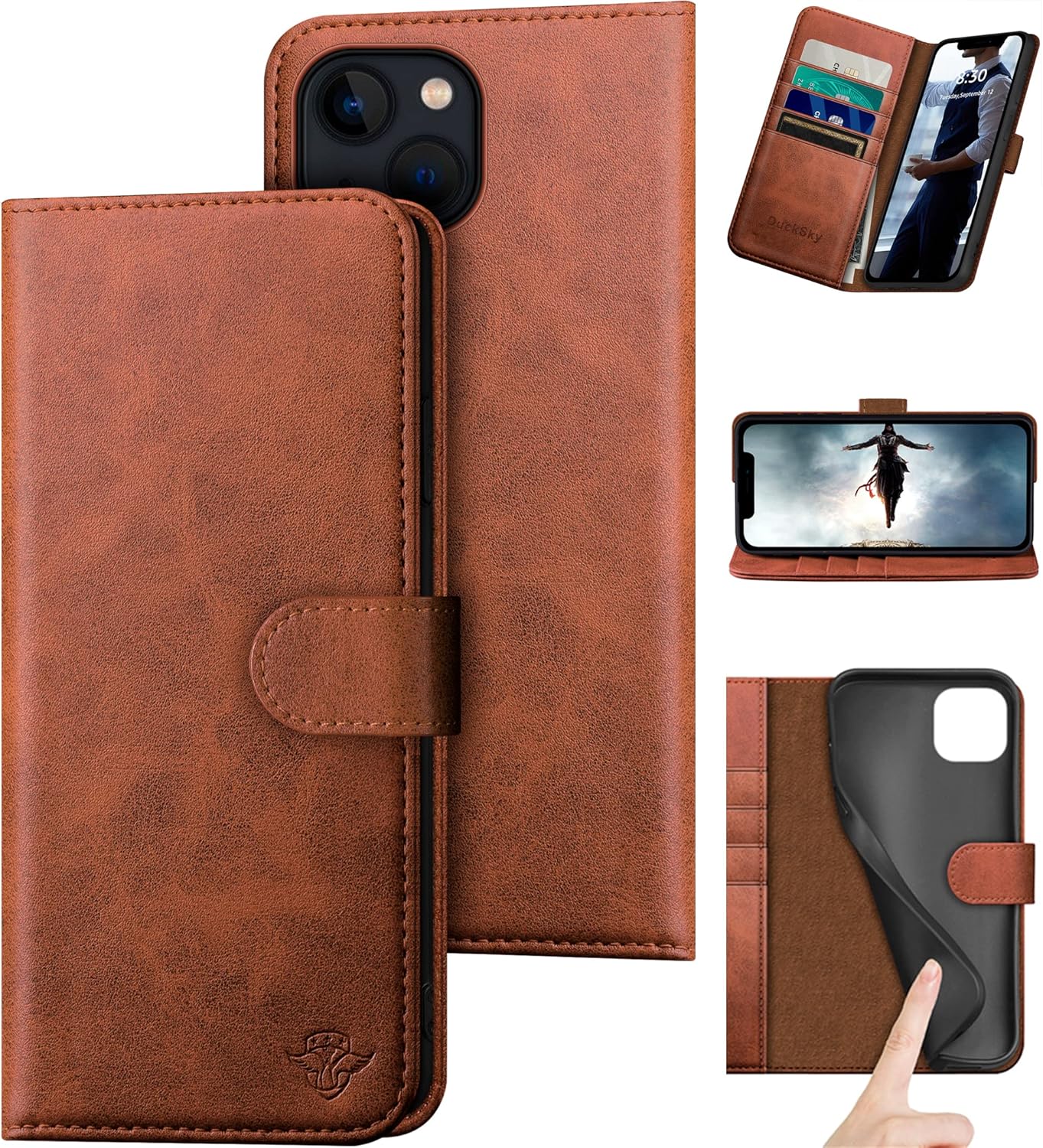 DuckSky for iPhone 14 6.1" Genuine Leather Wallet case 【RFID Blocking】【4 Credit Card Holder】【Real Leather】 Flip Folio Book Phone case Protective Cover Women Men for Apple 14 5G case Light Brown