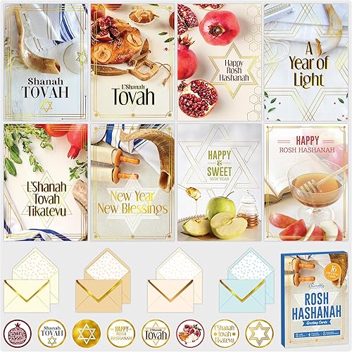 Decorably 16 Pack Gold-Foiled 5x7in Rosh Hashanah Cards with Envelopes and Stickers, 8 Elegant Designs Folded Jewish New Year Cards Boxed, with Printed Message Inside