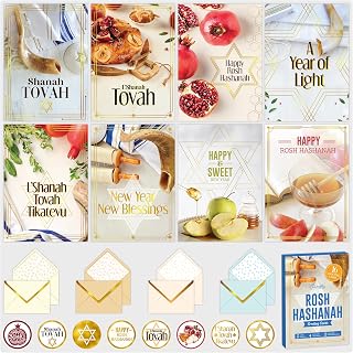 Decorably 16 Pack Gold-Foiled 5x7in Rosh Hashanah Cards with Envelopes and Stickers, 8 Elegant Designs Folded Jewish New Year Cards Boxed, with Printed Message Inside