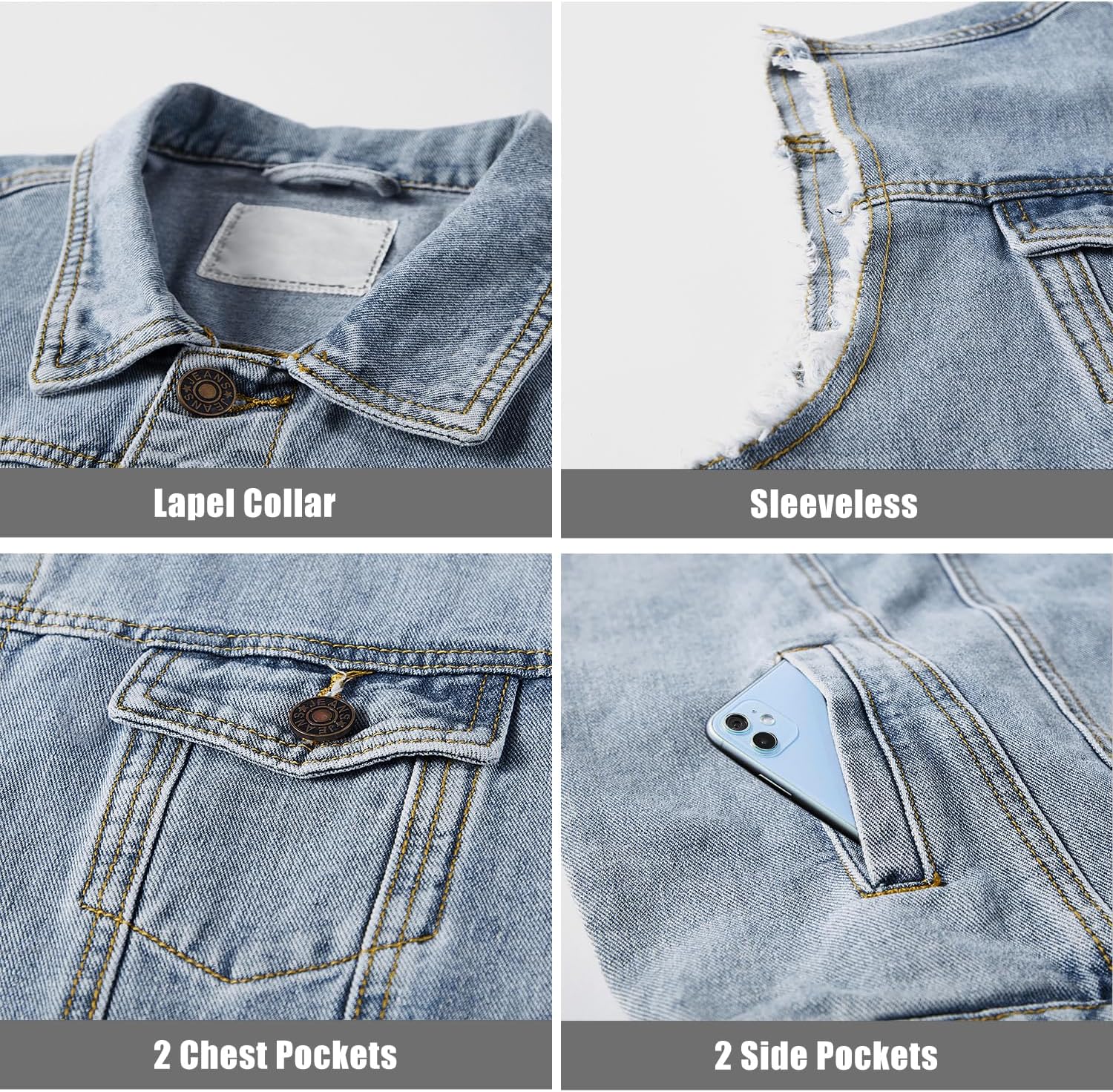 Denim Vest Jacket for Men Fashion Stretchy Trucker Sleeveless Jean Outerwear - Image 4