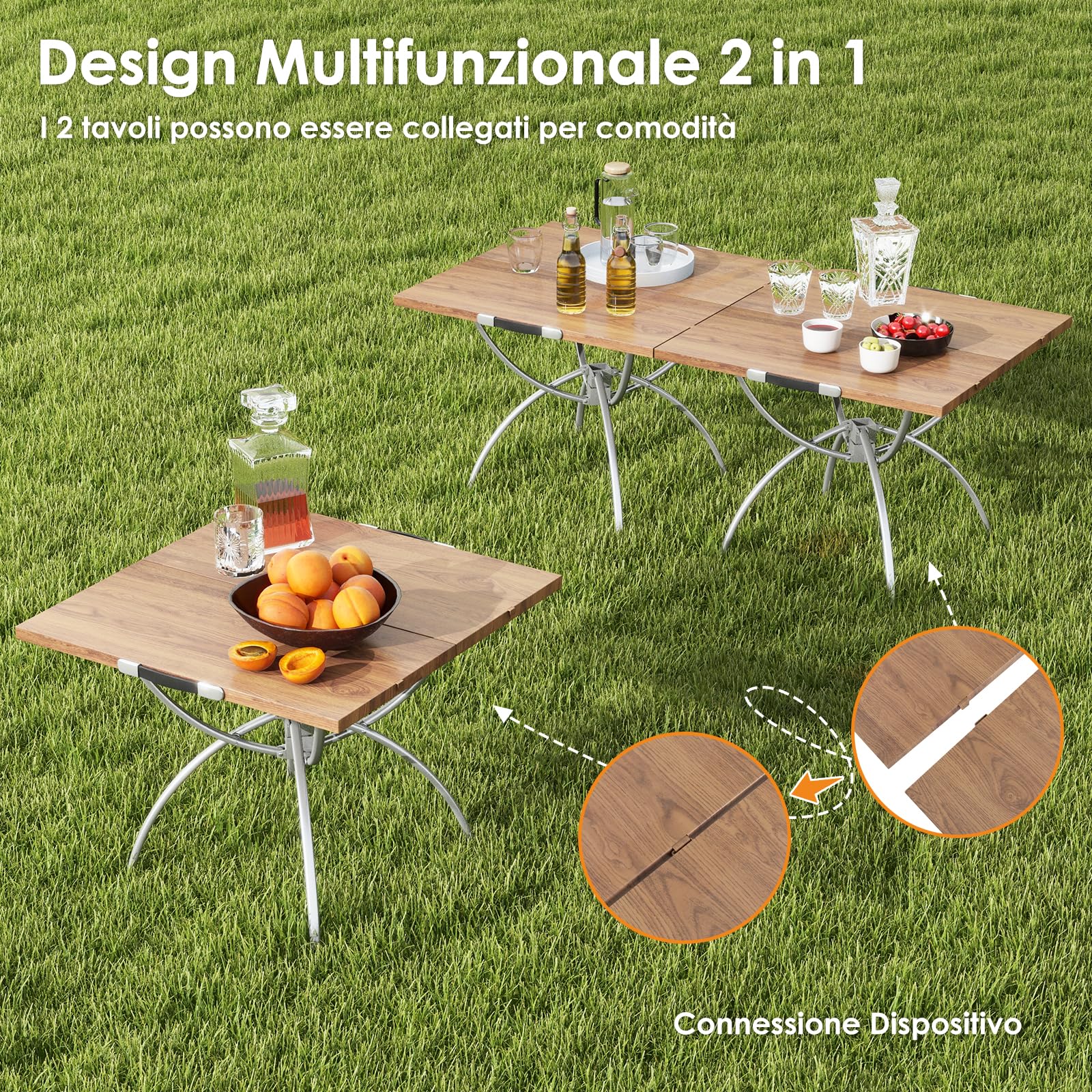RELAX4LIFE Set 2 Tavoli da Picnic Pieghevoli in Alluminio, Estensibile 120x60 cm, Portatile per Campeggio/Pesca, Piano Finto Legno, Max 25 kg, Borsa Trasporto