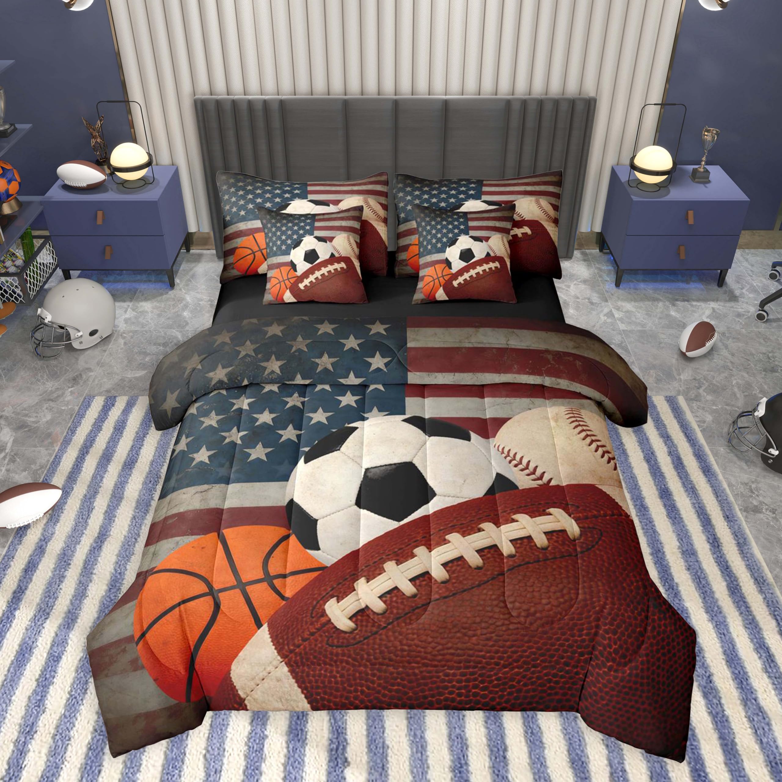 Feelyou Boys Sports Comforter Set with Sheets 7 Piece King Size Football Baseball Soocer Basketball Bed in a Bag Kids Boys Girls American Flag Bedding Set Bedroom Decor Breathable Soft Microfiber