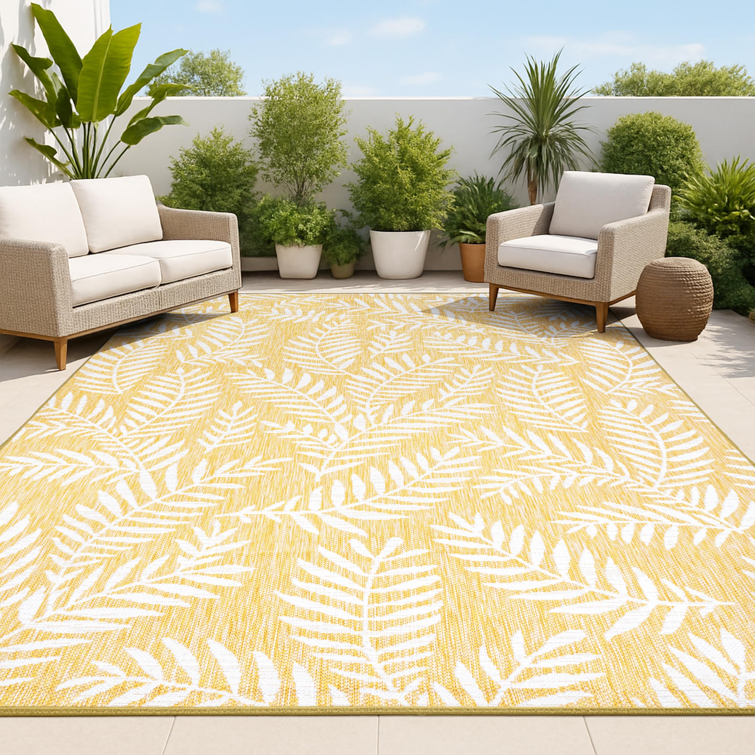 JONATHAN Y Palm Frond Indoor Outdoor Area Rug 9X12 Yellow/Cream, Nevis for Backyard, Patio, Porch, Easy-Cleaning, High Traffic, Pet-Friendly,